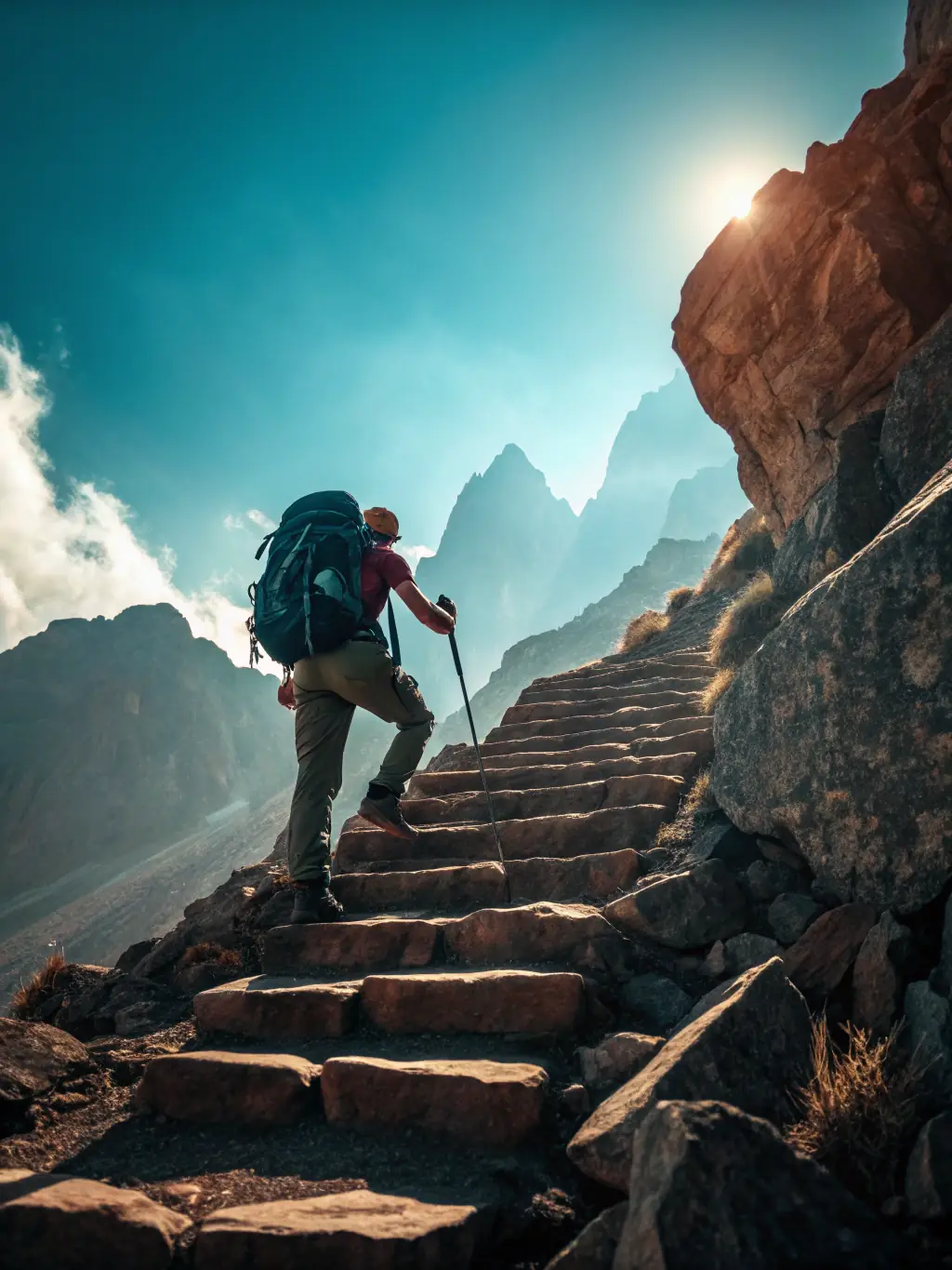 A person climbing a steep mountain, silhouetted against a vibrant sunrise, illustrating resilience and overcoming challenges.
